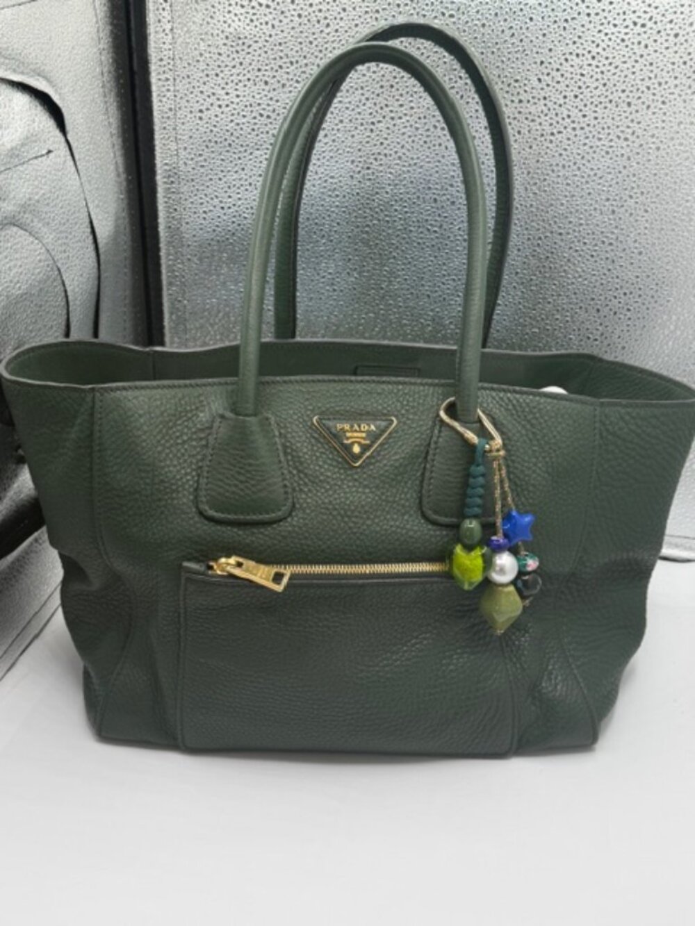 PRADA KAKI GREEN CALFSKIN LEATHER HANDBAG/ with wallet